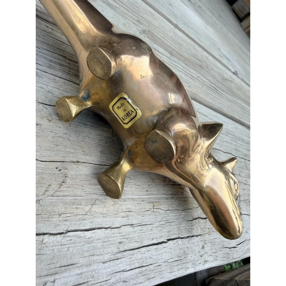 Solid Brass Triceratops Figurine | Vintage Korean Dinosaur Sculpture, Dark Acade